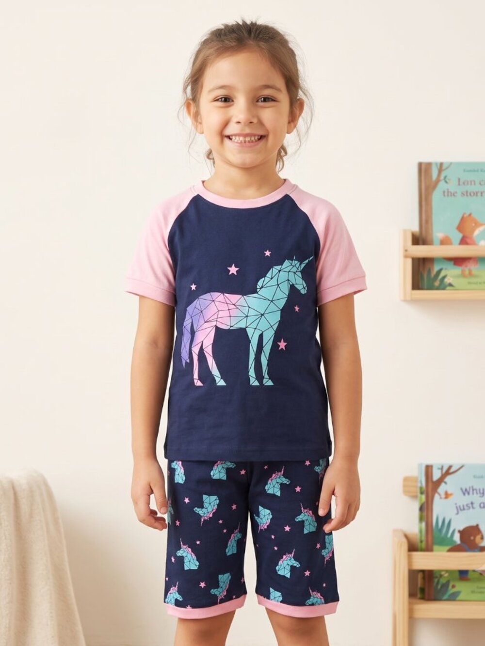 NWOT | Girls Navy & Pink Geometric Unicorn Short Sleeve Pajama Set | 6